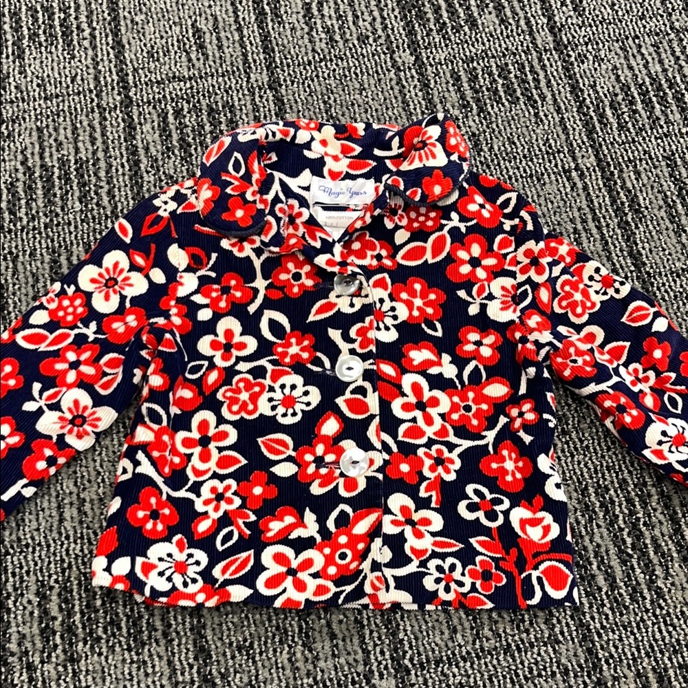 AMAZING 60s "MAGIC YEARS for MARSHALL FIELDS" FLORAL CORDUROY JACKET BLUE RED 2T